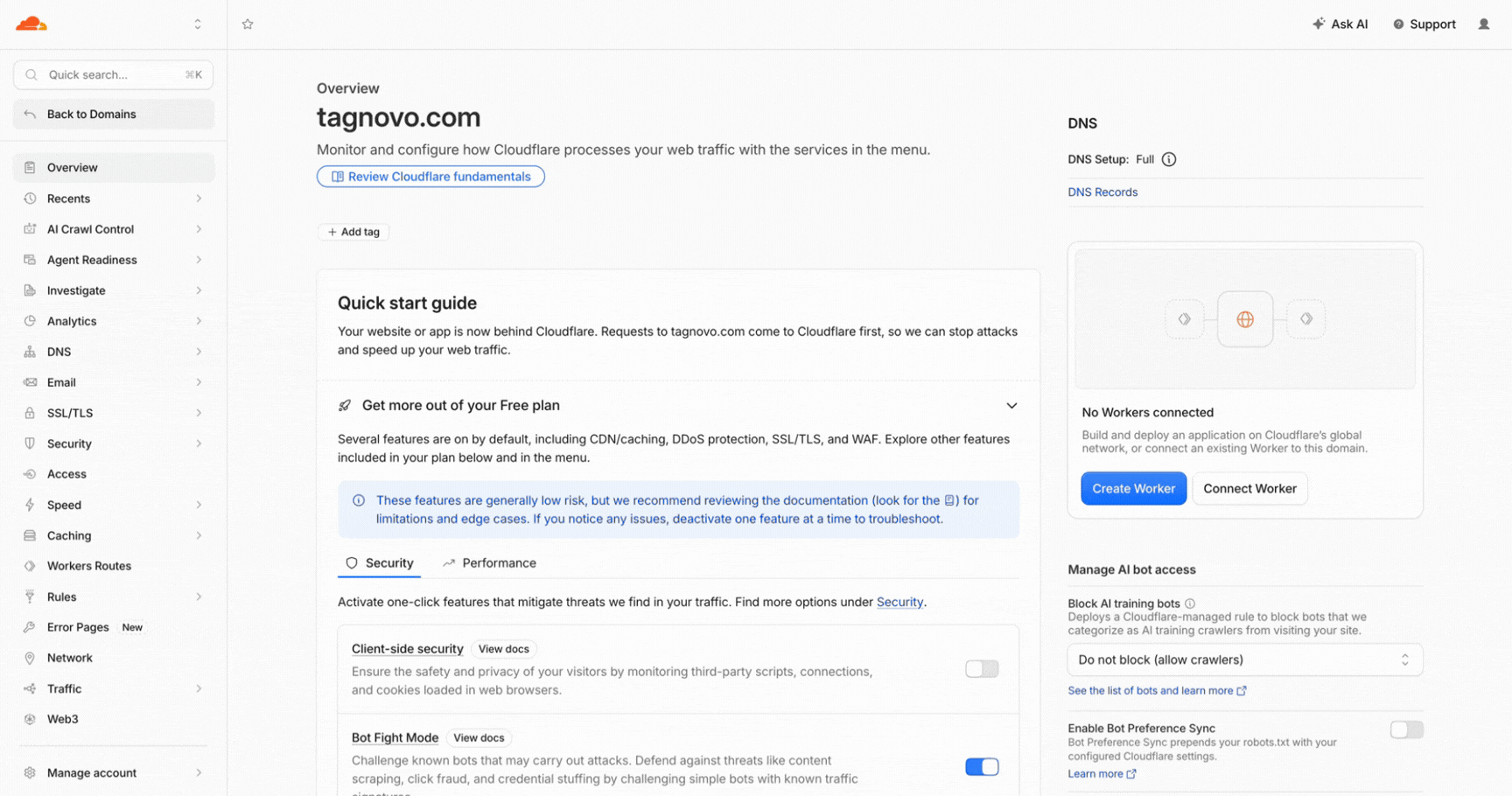 Turning Bot Fight Mode off under Security Overview, Detection tools, Bot traffic